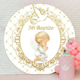 Aperturee - Round Gold Mi Bautizo Baby Shower Backdrop For Party